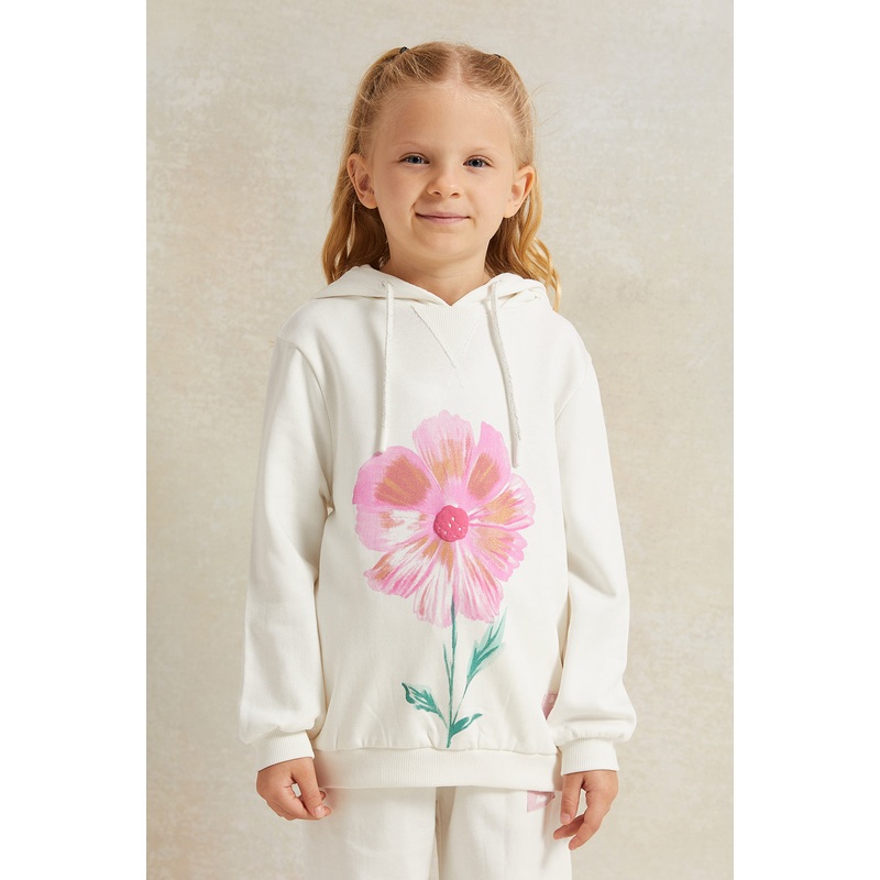 Girls White Flower Print Hooded Sweatshirt
