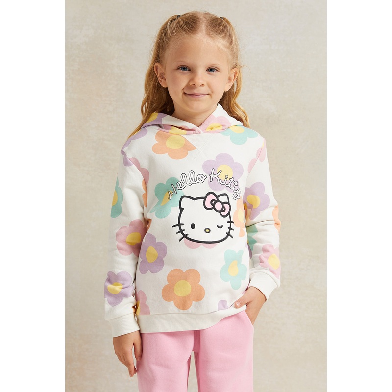 Girls White Hello Kitty Print Hooded Sweatshirt