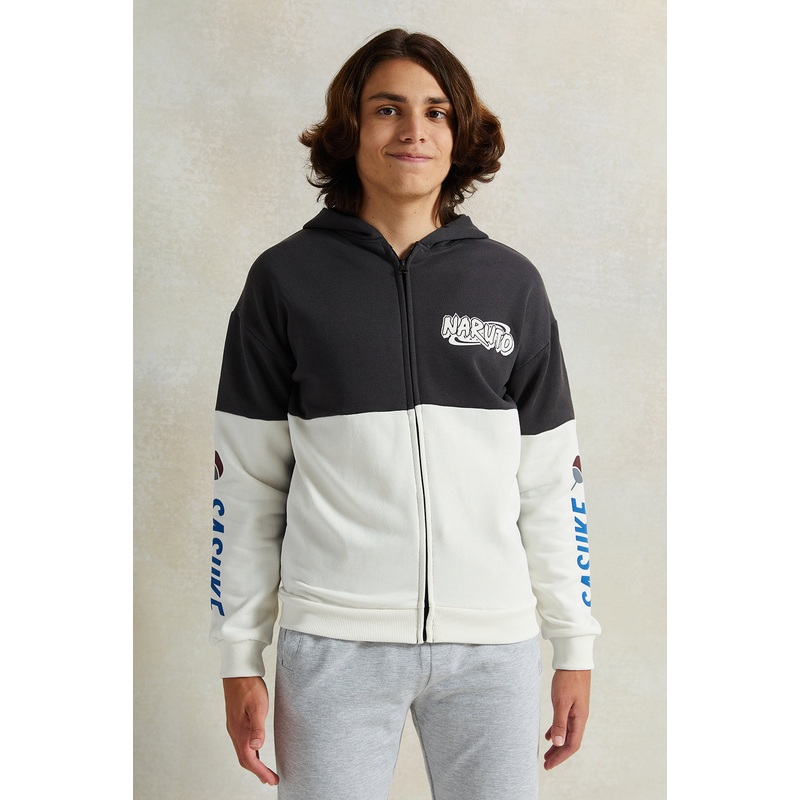Senior Boys Black And White Printed Hooded Sweatshirt