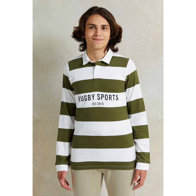 Senior Boys White And Green Striped Polo Shirt
