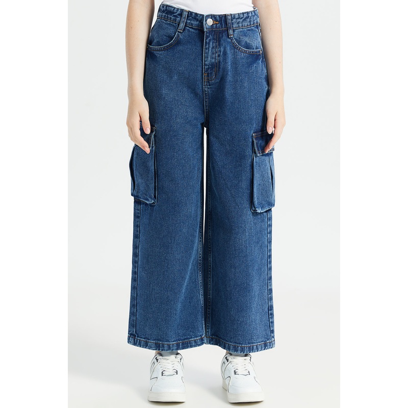 Senior Girls  Blue Wide leg Cargo Pocket Jeans