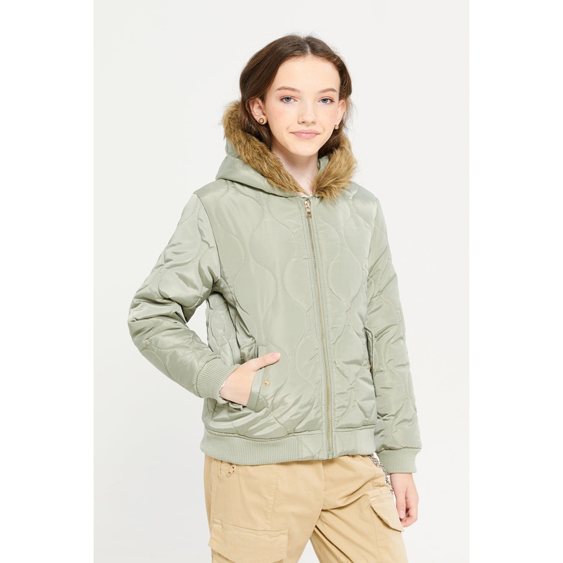 Senior Green Quilted Baseball Jackets With Hooded  Fur