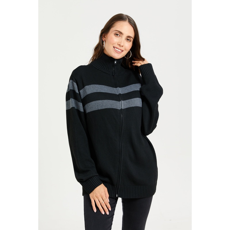 Women Black And Grey Zip-Through Cardigan