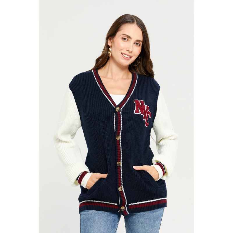 Women Black Embroidered Long Sleeve Tricot Cardigan