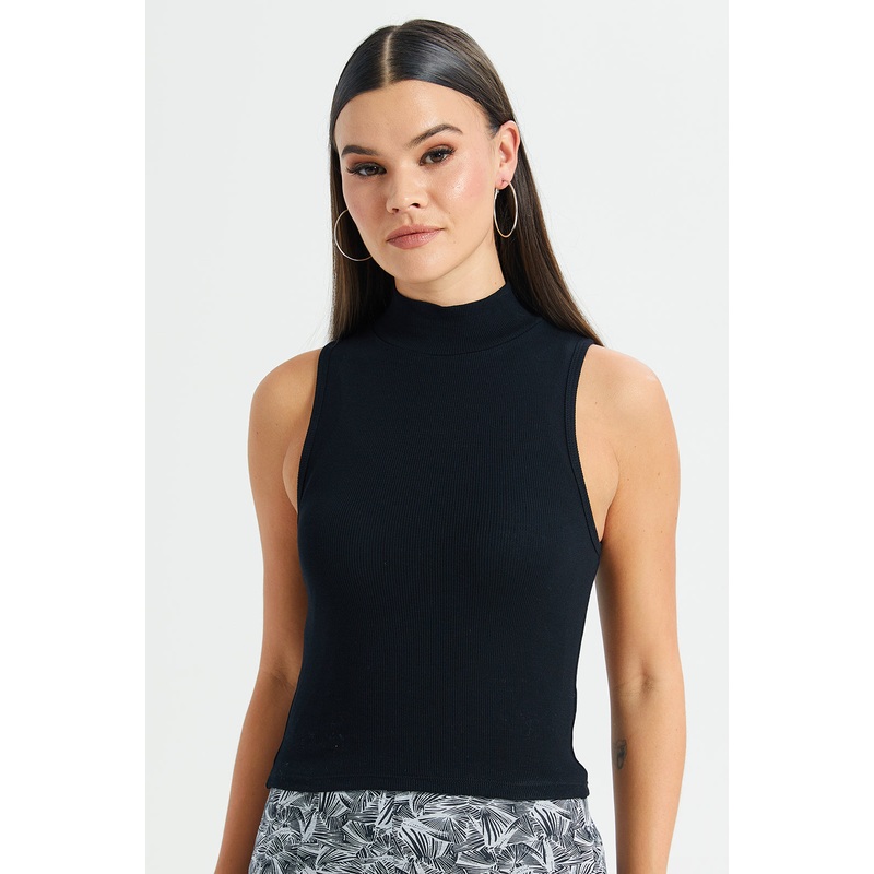 Women Black High Neck Rib T-Shirt