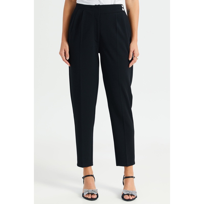 Women Black Tapered Waist Detail Trouser