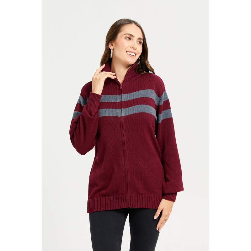 Women Burgundy And Grey Zip-Through Cardigan