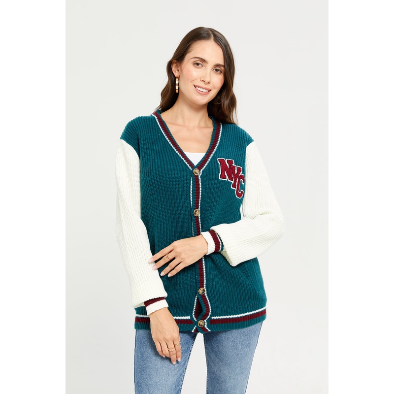Women Green Embroidered Long Sleeve Tricot Cardigan