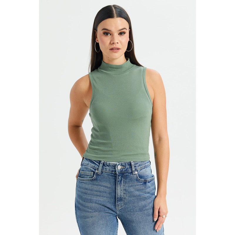 Women Green High Neck Rib T-Shirt