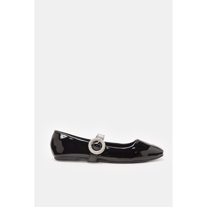 Women Patent Crystal-Embellished Buckle Flats