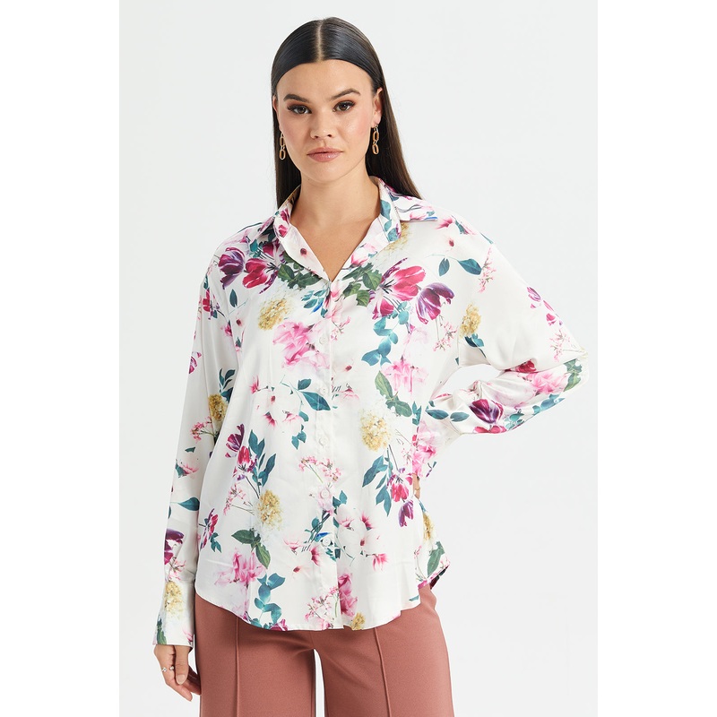 Women White Floral Print Satin Blouse