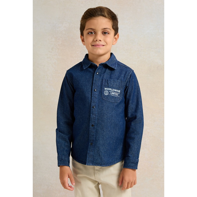 Boys Blue Denim Shirt With Front And Back Print