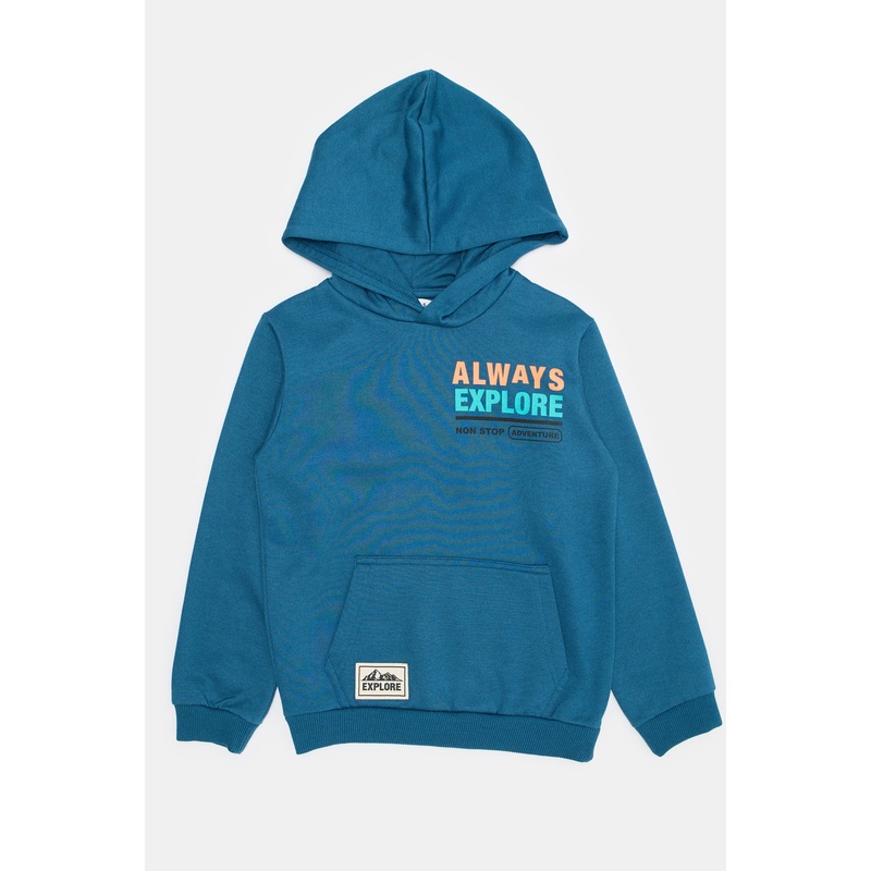 Boys Blue Front & Back Print Hooded Sweatshirt