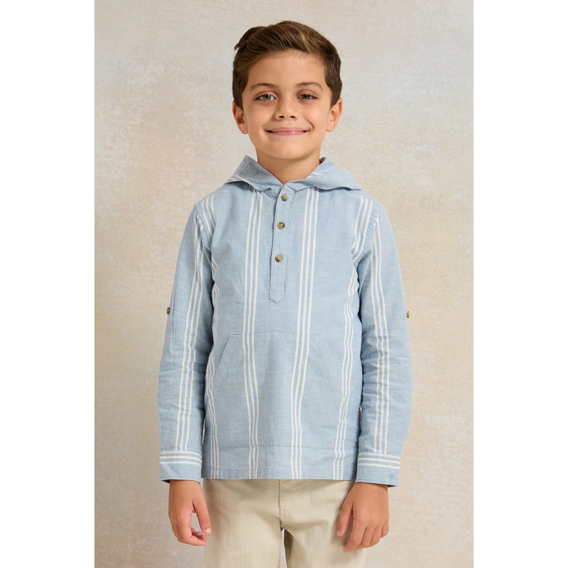 Boys Blue Striped With Hooded Shirt