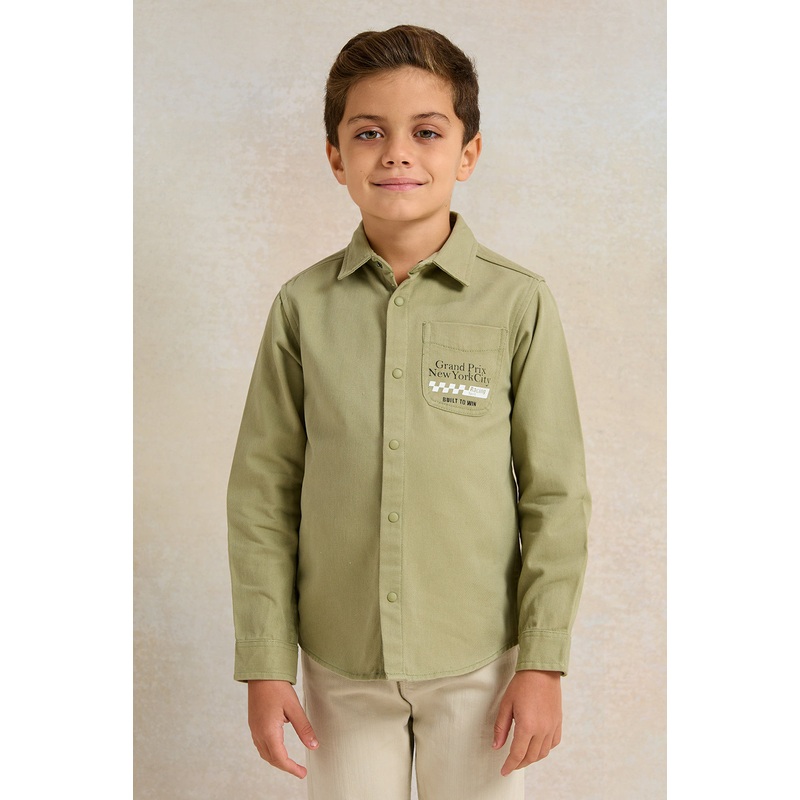 Boys Green Long Sleeve Printed Denim Shirt