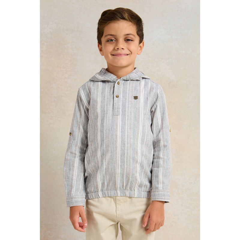 Boys Grey Striped With Hooded Shirt