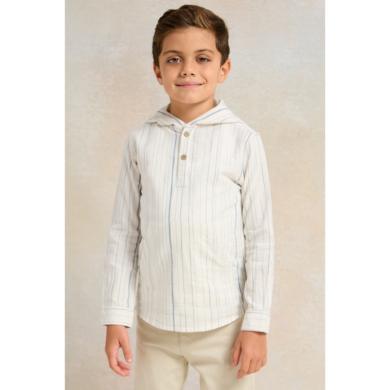 Boys White Striped With Hooded Shirt