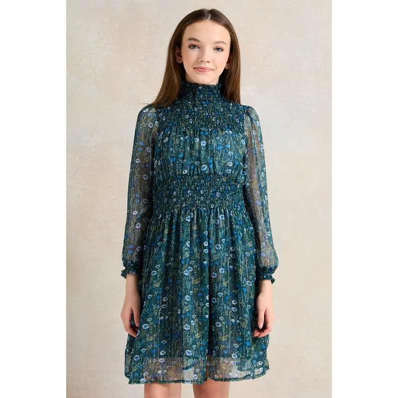 Girls Green Ditsy Print Chiffon Dress