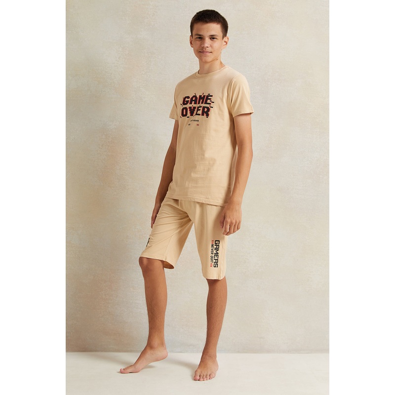 Senior Boys Beige Game Over Pyjama Set (2 Piece)