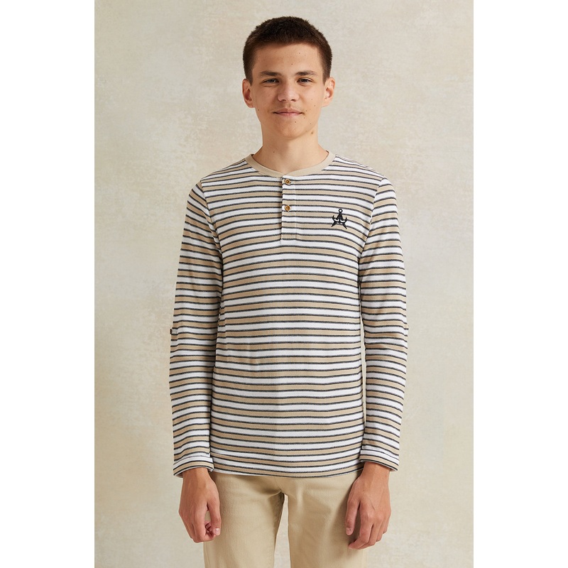 Senior Boys Beige Jacquard Long Sleeve Striped T-Shirt