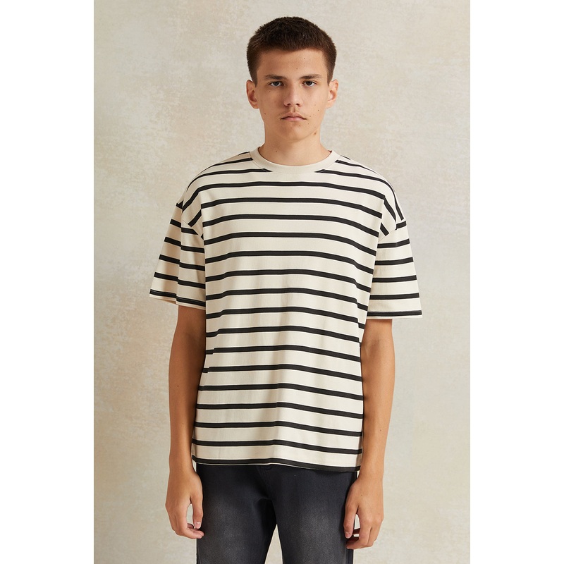 Senior Boys Beige Striped Black T-Shirt