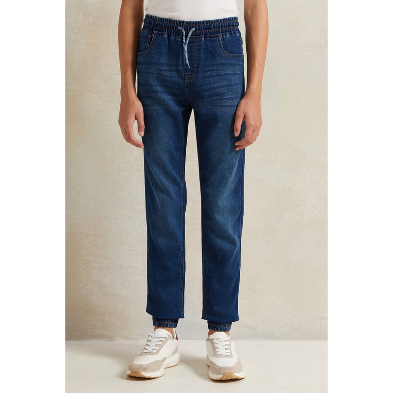 Senior Boys Blue Knit Denim Jogger With Cuff