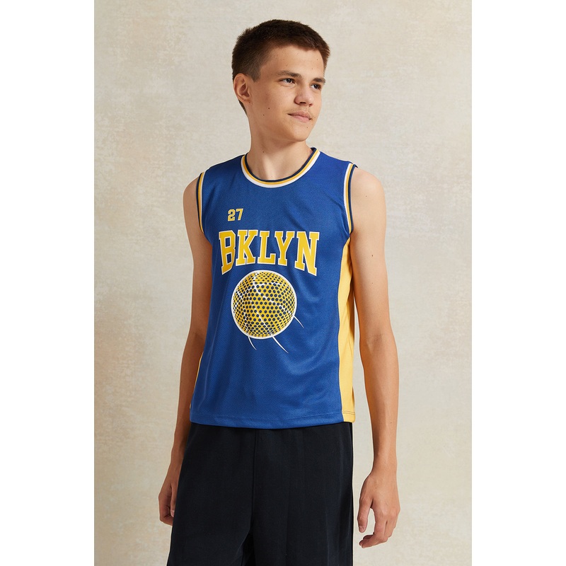 Senior Boys Blue Printed Sleeveless T-Shirt