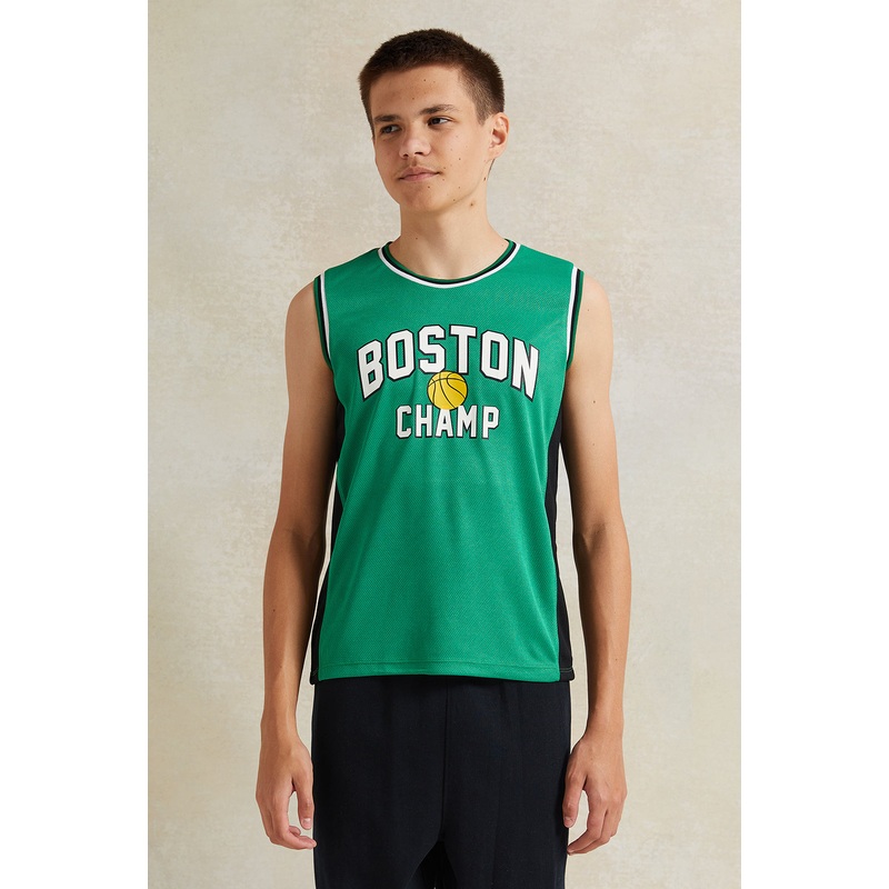 Senior Boys Green Printed Sleeveless T-Shirt