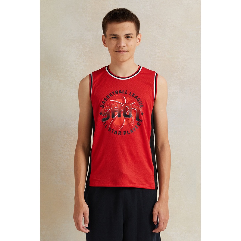 Senior Boys Red Printed Sleeveless T-Shirt