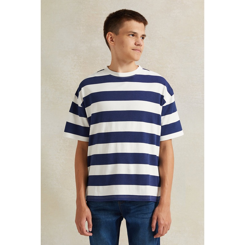 Senior Boys White Striped Navy T-Shirt