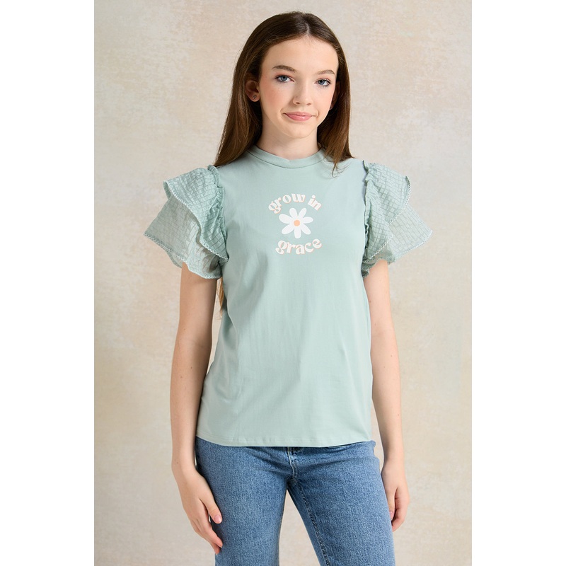 Senior Girls Mint Ruffled Sleeve Top