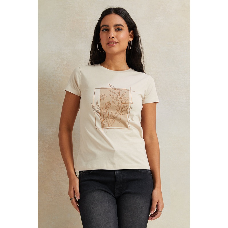 Women Beige Leaves Printed T-Shirt
