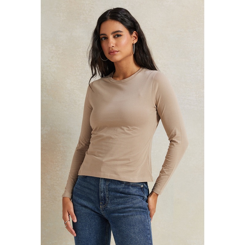 Women Beige Long Sleeve Basic T-Shirt