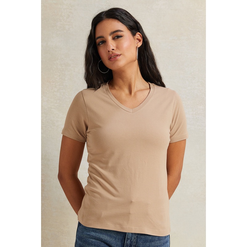 Women Beige Short Sleeve Basic T-Shirt