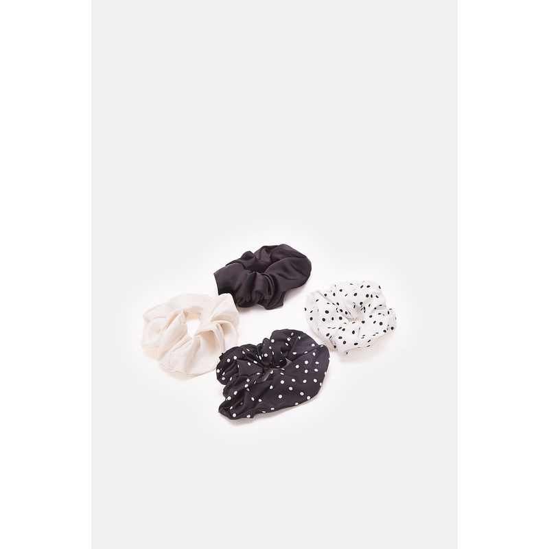 Women Black And White Printed Scrunchy Set (4 Piece)