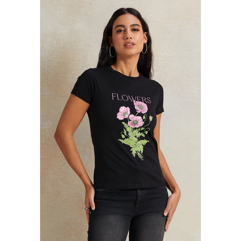 Women Black Floral Printed T-Shirt
