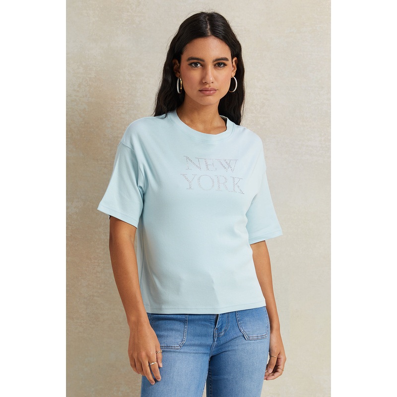 Women Blue Embellished Boxy T-Shirt