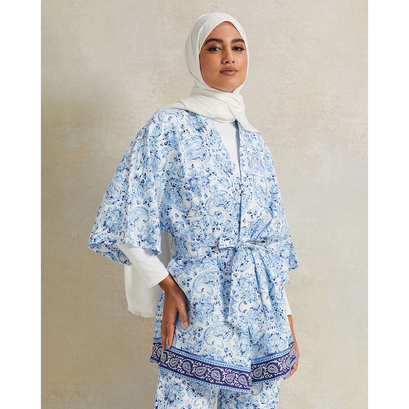 Women Blue Printed Open Front Belted Blouse