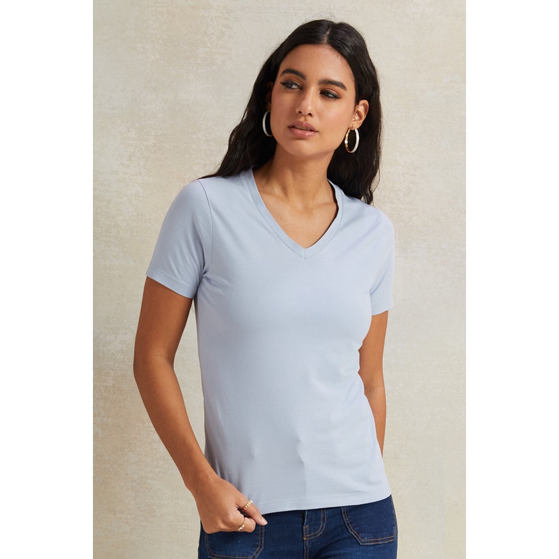 Women Blue Short Sleeve Basic T-Shirt
