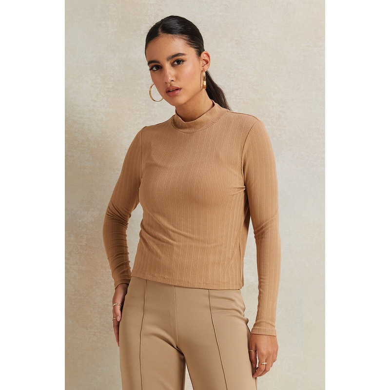 Women Brown Ribbed High Neck T-Shirt