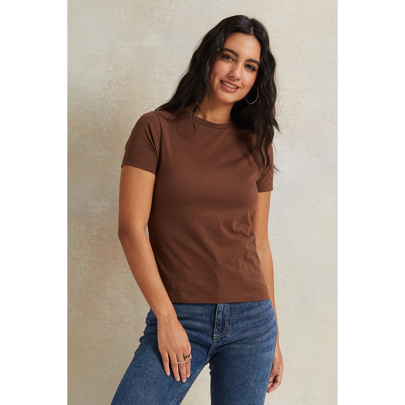 Women Brown Short Sleeve Basic T-Shirt