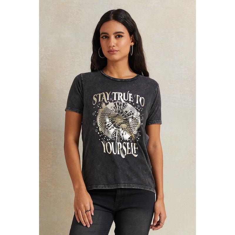 Women Charcoal Embellished T-Shirt