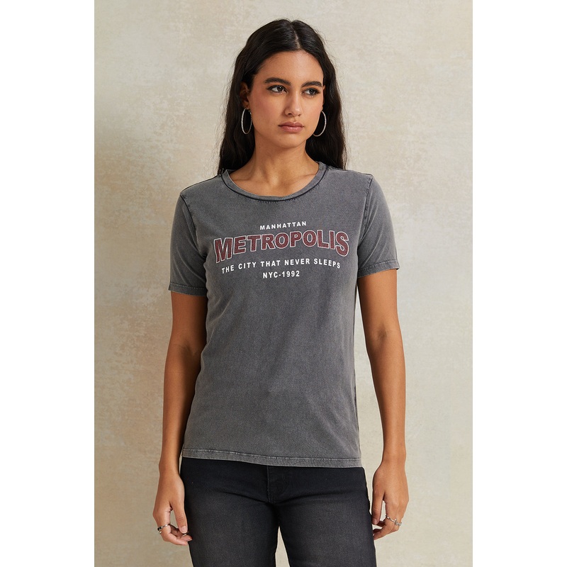 Women Charcoal Rhinestone Embellished T-Shirt
