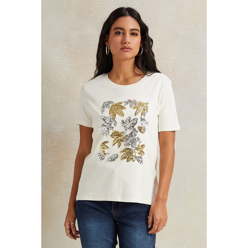 Women Cream Sequence Embellished T-Shirt