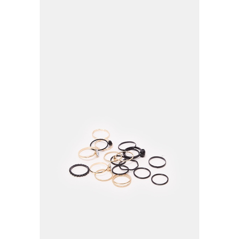 Women Gold And Black Embellished Ring Set (20 Piece)