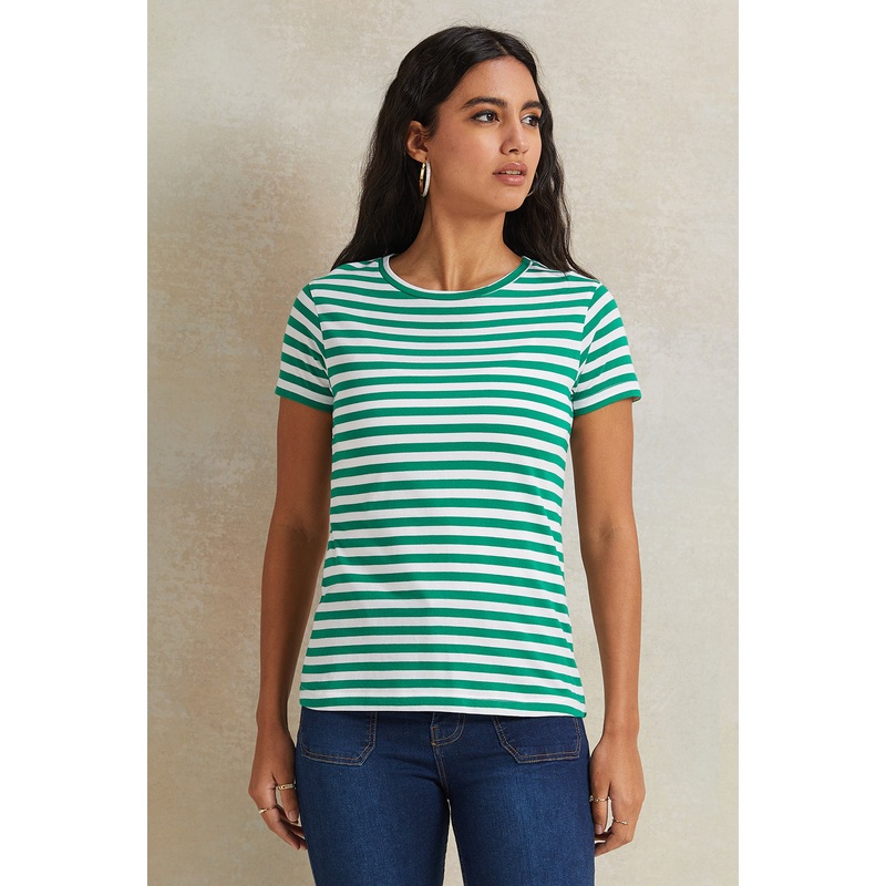 Women Green And White Striped T-Shirt
