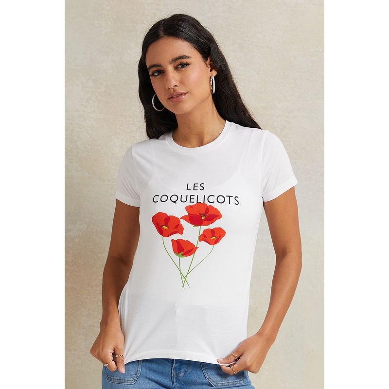 Women Ivory Floral Printed T-Shirt