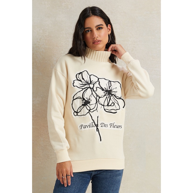 Women Ivory High Neck Printed Sweatshirt