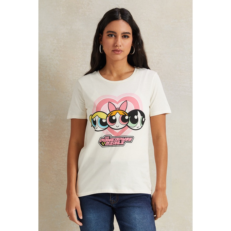 Women Ivory Powerpuff Girls Printed T-Shirt
