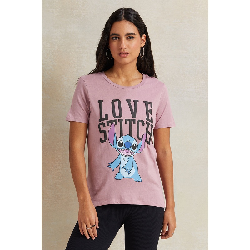 Women Mauve Stitch Printed T-Shirt